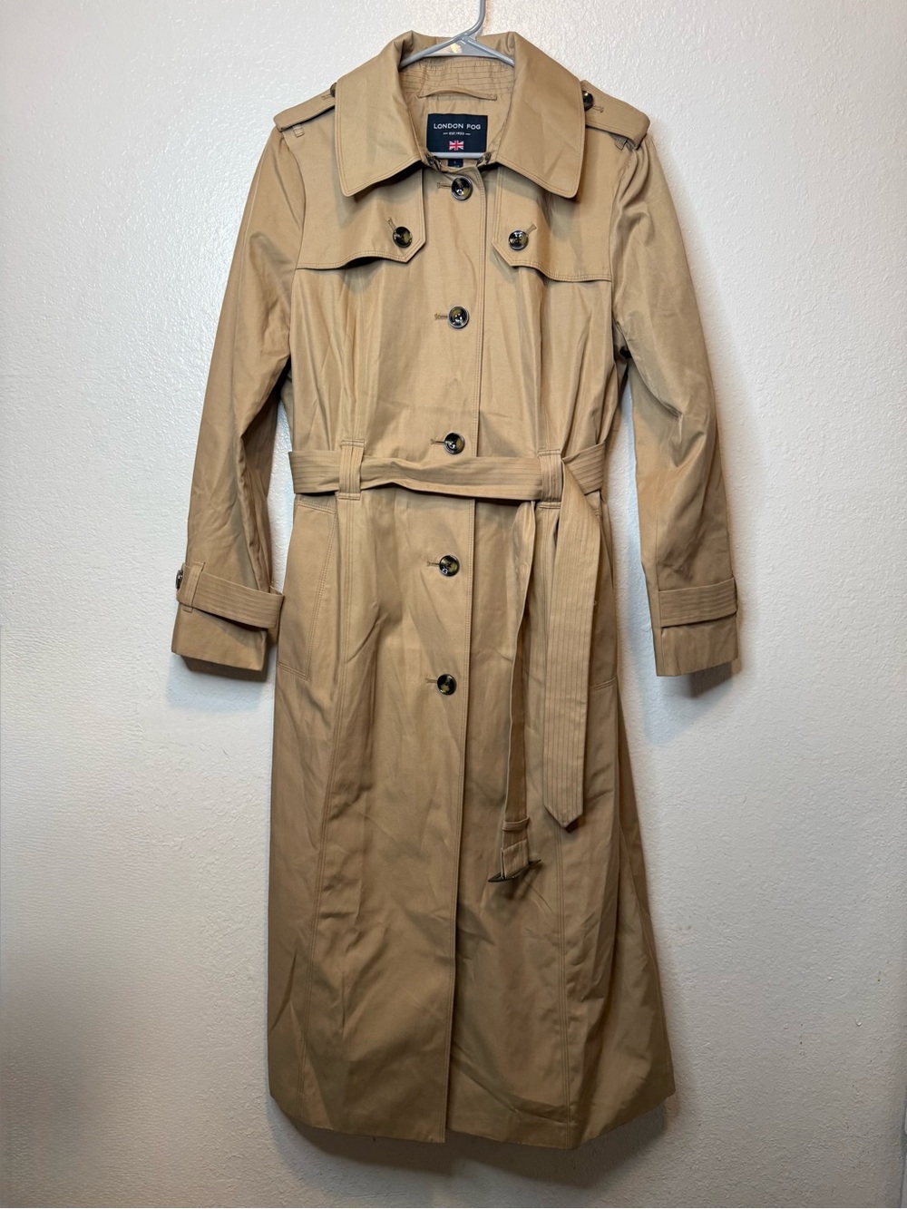 London Fog Long Belted Maxi Trench Coat Tan Size Large Academia Quiet Luxury